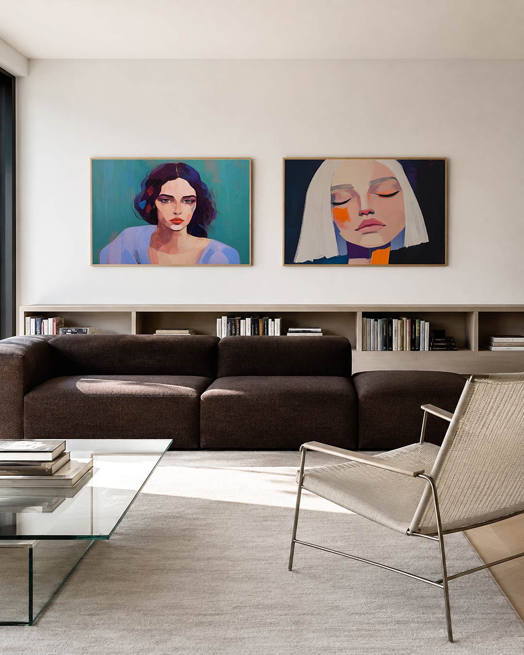 Twee liggende posters met een vrouwelijk portret met levendige kleurvlakken, aan de muur in een interieur