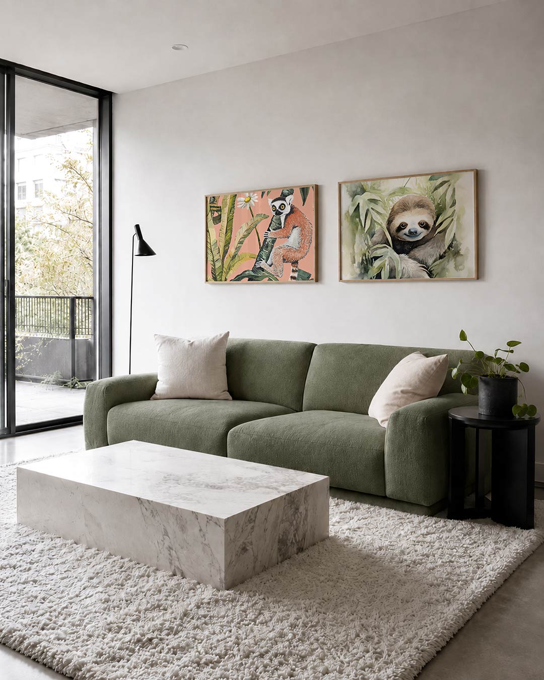 Twee liggende posters met een levendig tafereel met een dier dat een boom omarmt, aan de muur in een interieur
