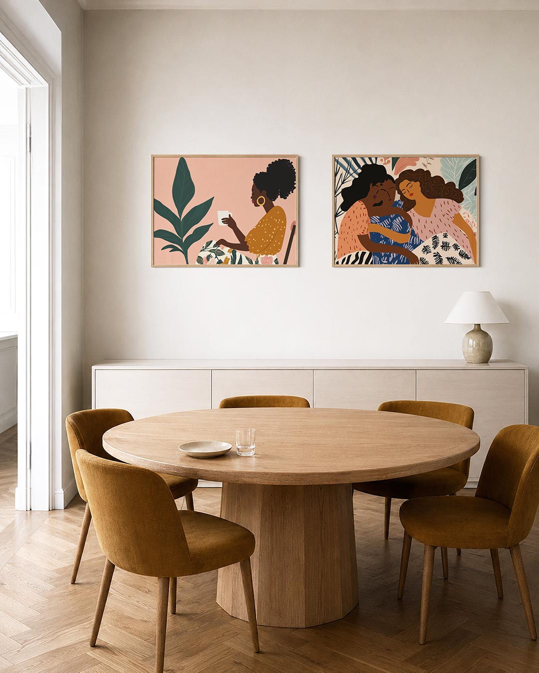 Tweedelige posterset met een vrouw met een kopje in de hand, omgeven door een grote groene plant, getoond in een interieur