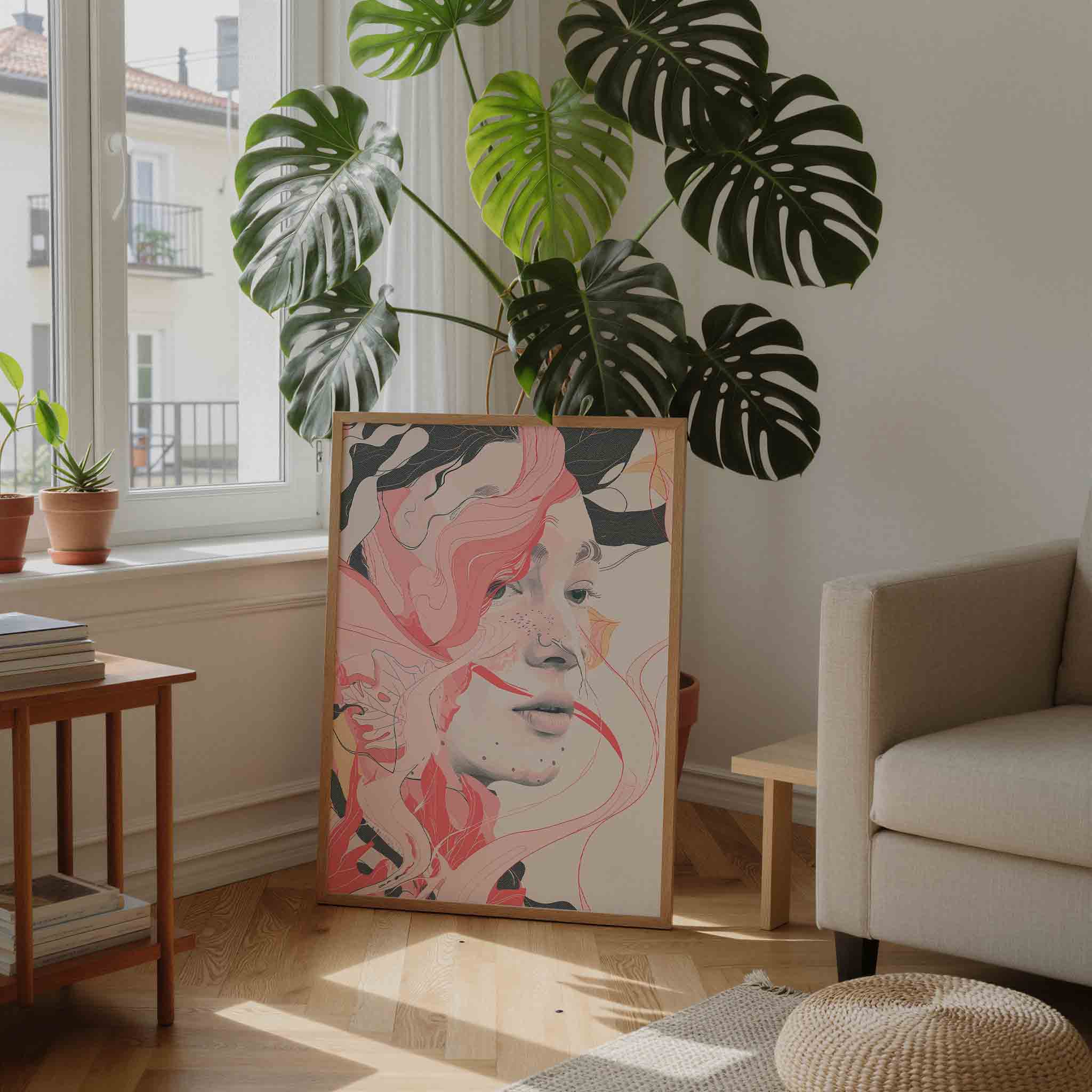 Vrouwelijk gezicht met roze lijnen Poster