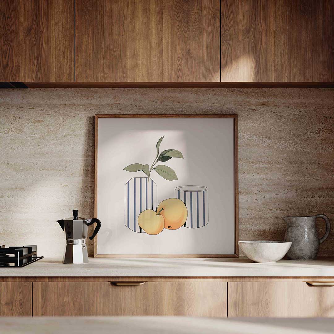Gestreepte vazen met fruit Poster
