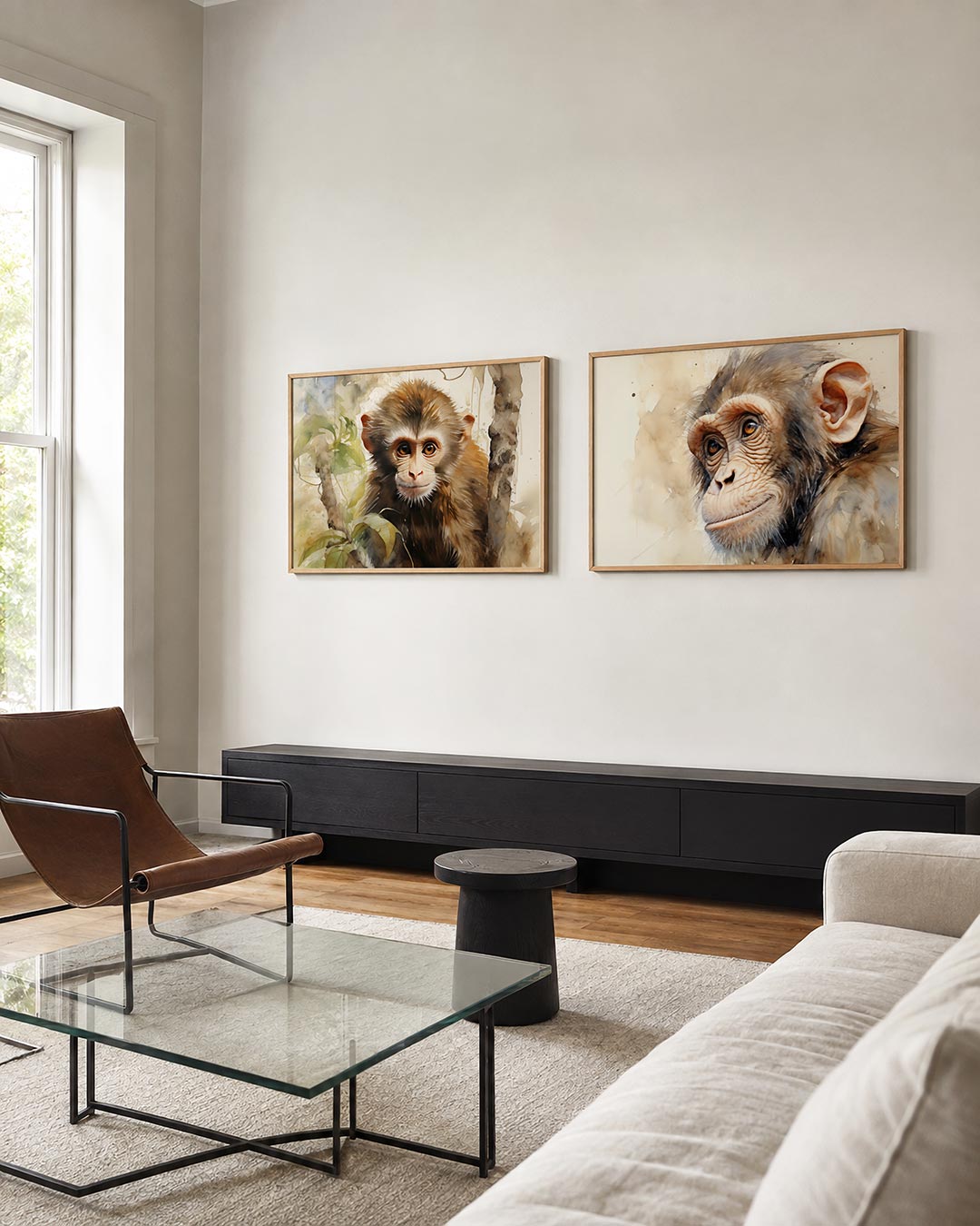 Tweedelige posterset met donkere tinten en een rustige visuele opbouw, getoond in een interieur