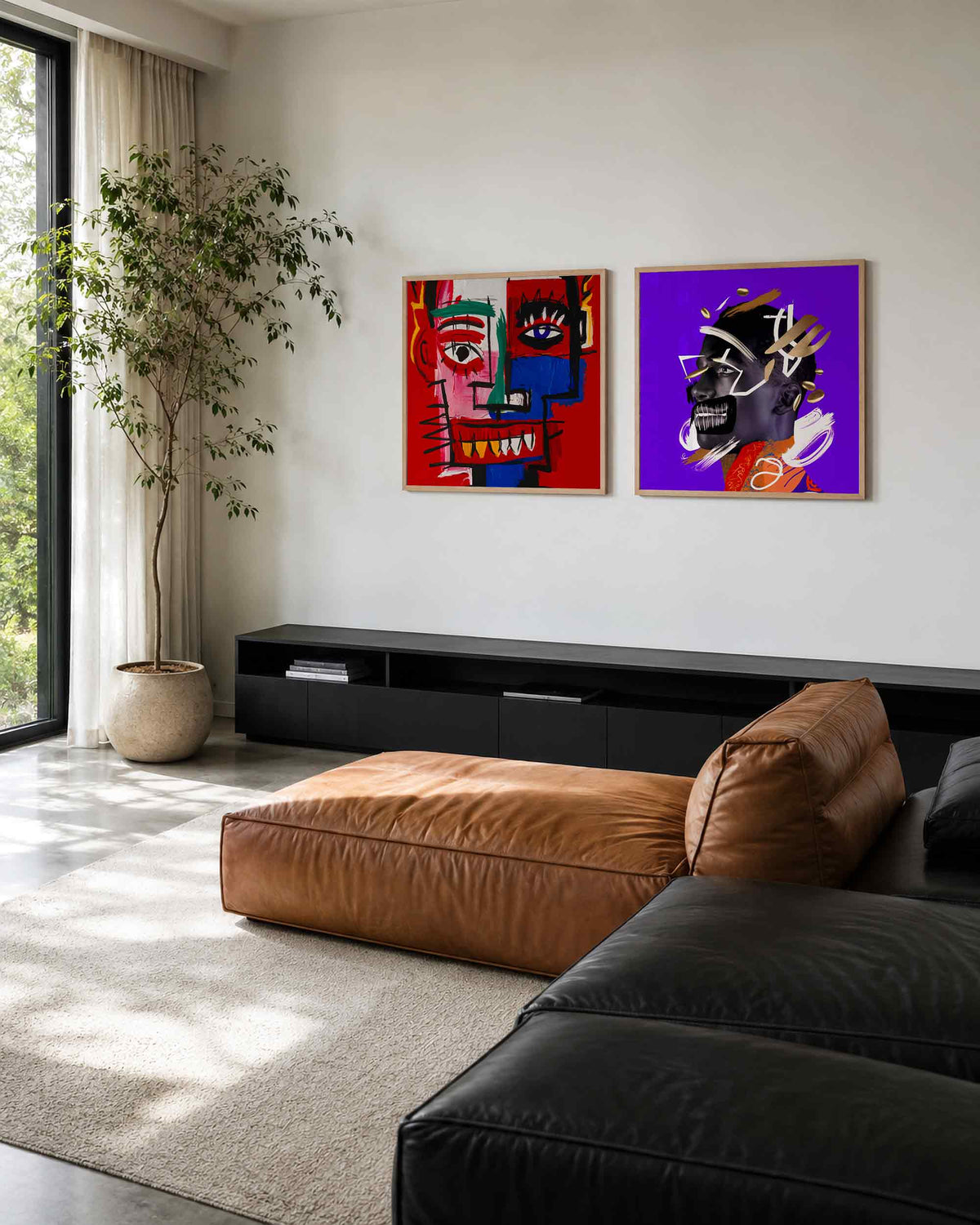 Interieurpresentatie van een tweedelige vierkante posterset met gezichten en portretten
