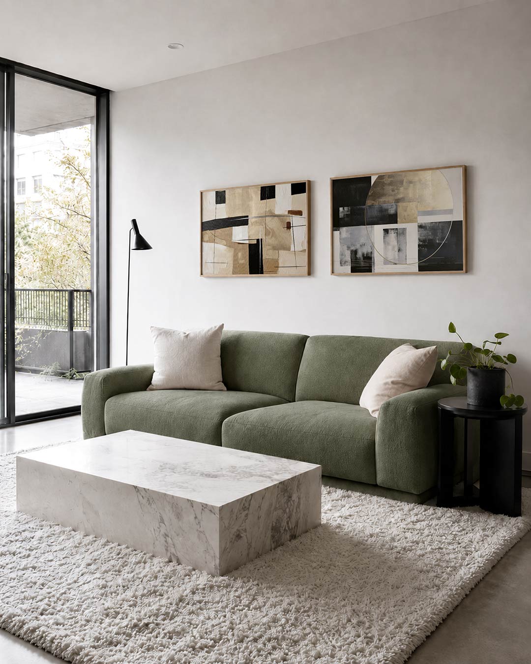 Twee liggende posters met een spel van zwarte lijnen en beige kleurvlakken, aan de muur in een interieur
