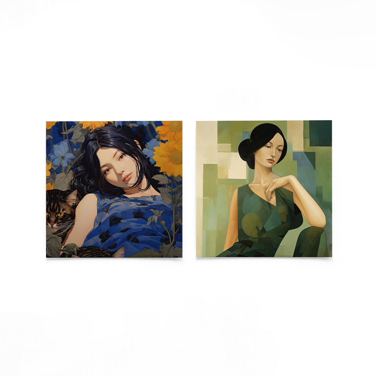 Twee vierkante posters met portretten van vrouwen op een gebroken witte achtergrond