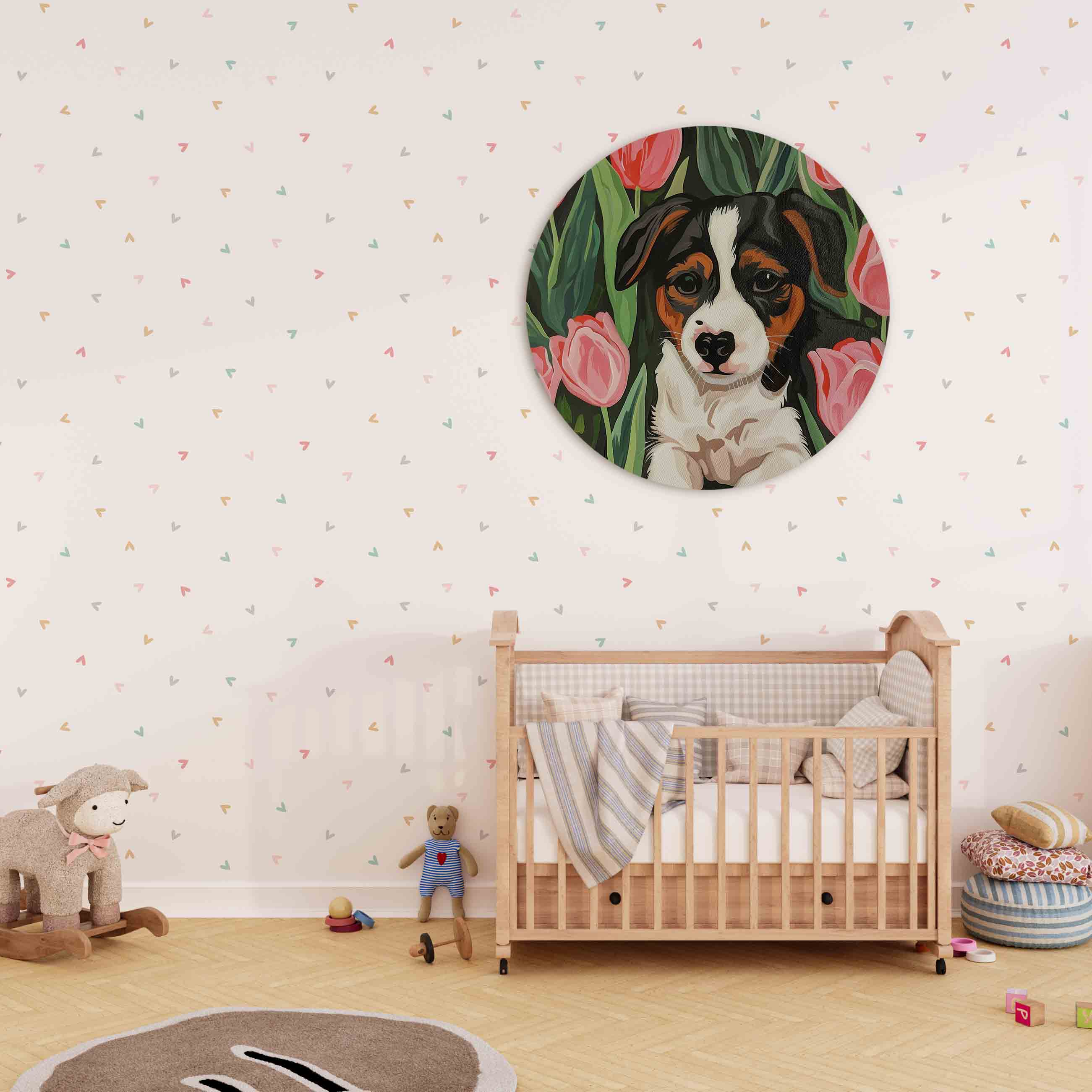 Hond tussen tulpen Muurcirkel