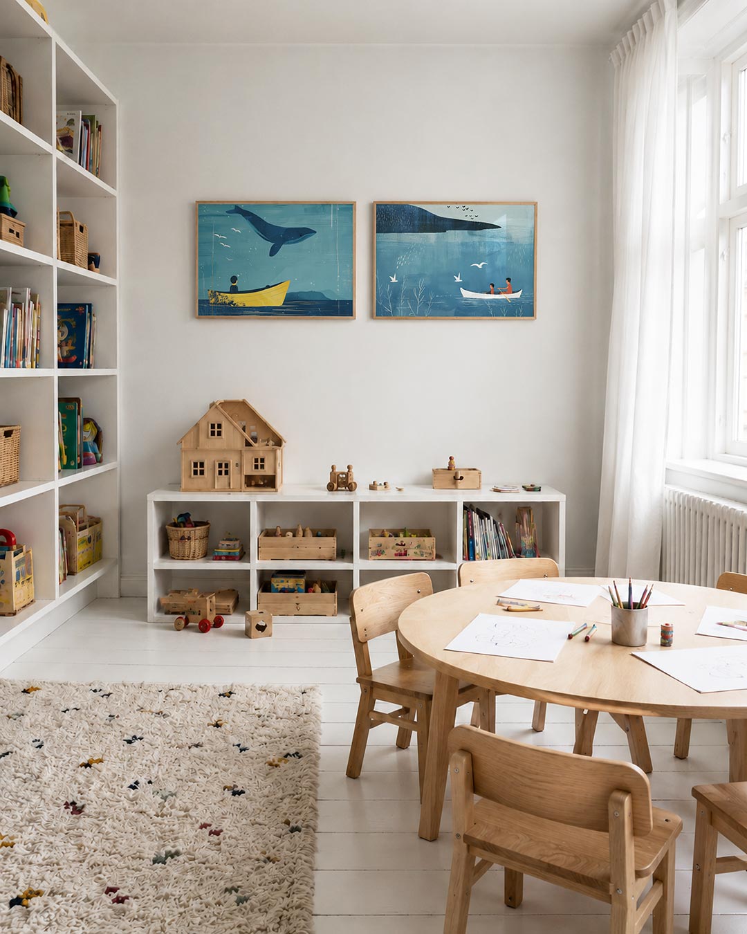Twee liggende posters met een blauwe walvis boven een gele boot op een rustige zee, aan de muur in een interieur