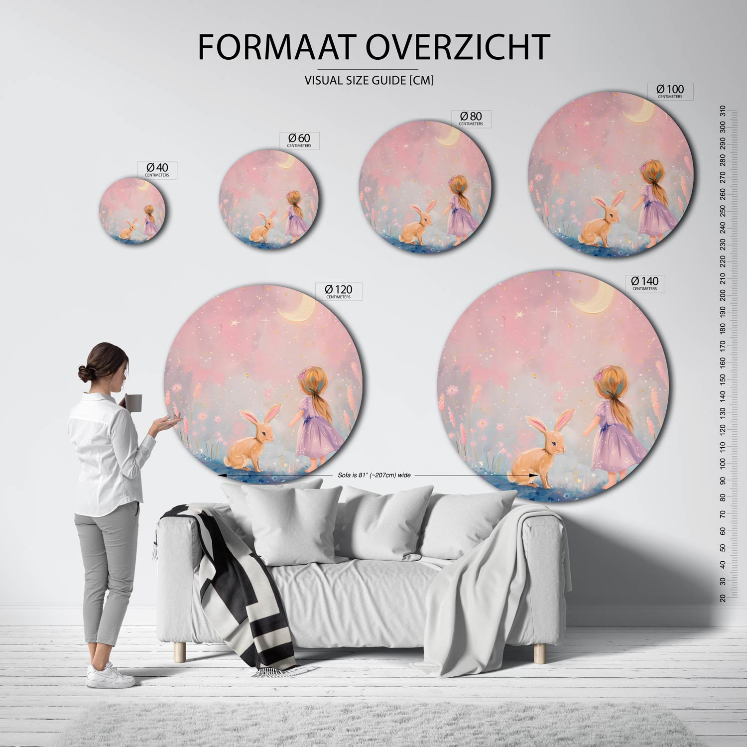 Meisje en konijn onder maan Muurcirkel