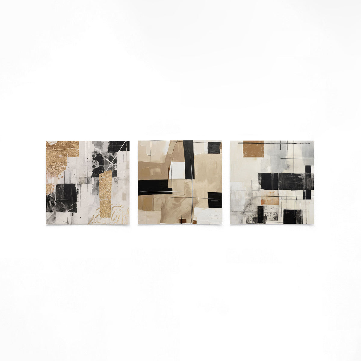 Drie vierkante posters met abstracte zwart beige op een gebroken witte achtergrond
