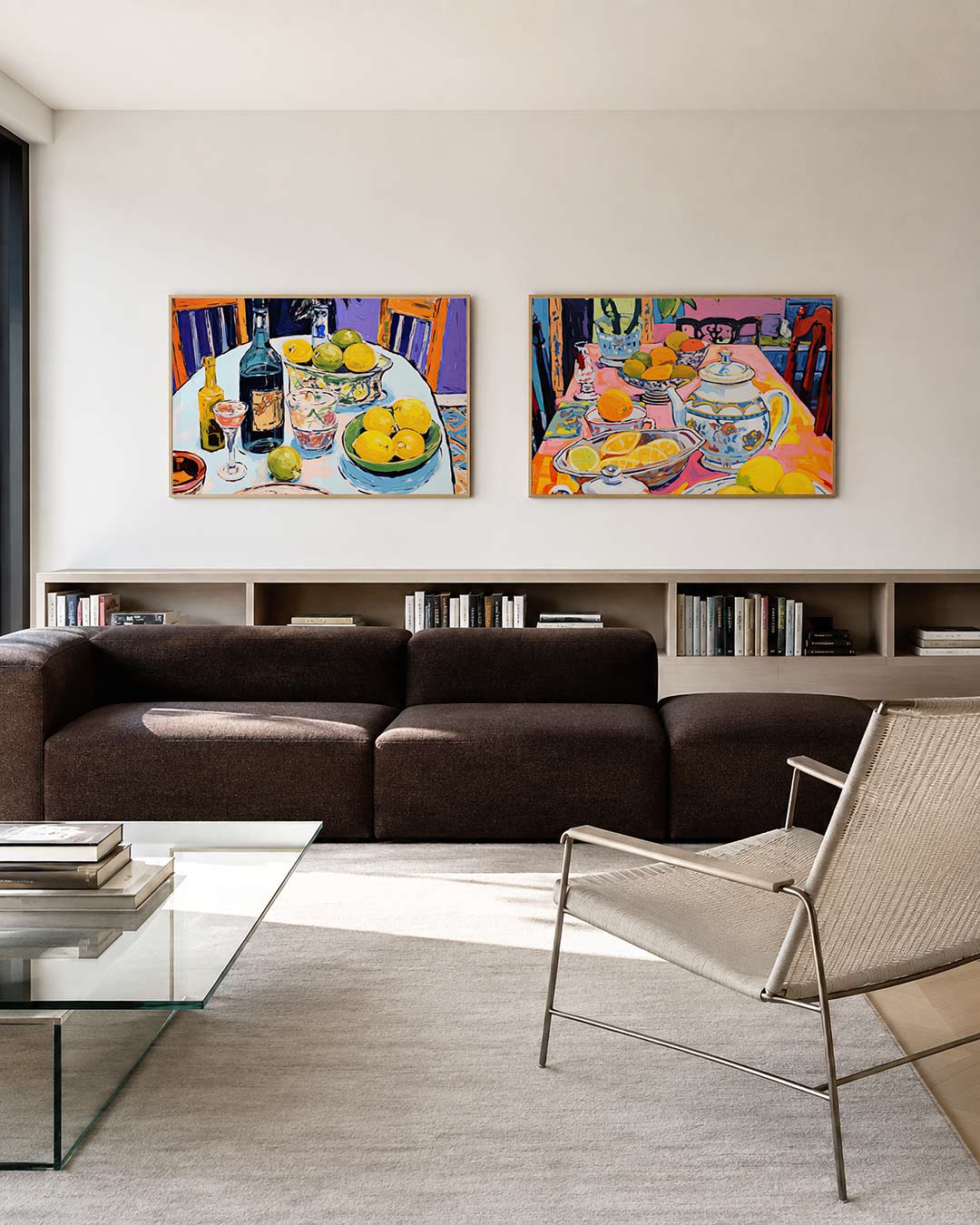 Tweedelige posterset met een tafel met citroenen, flessen en glazen, getoond in een interieur
