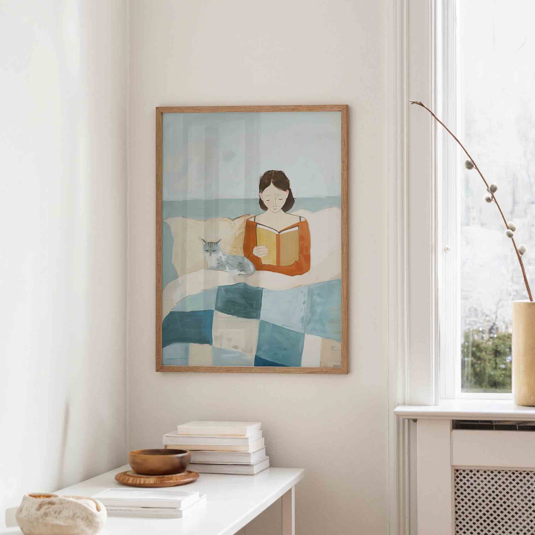 Lezende vrouw met kat Poster