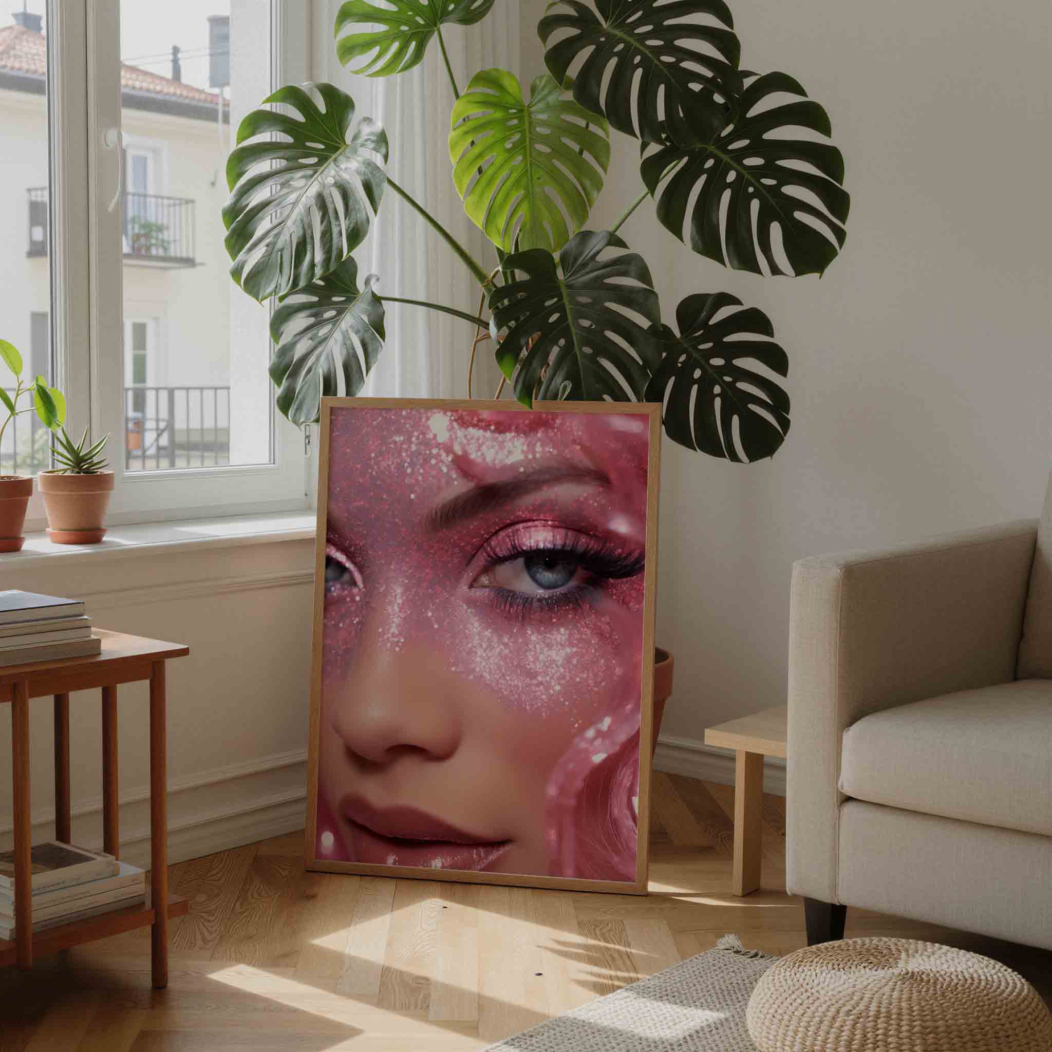 Glinsterende roze gezicht Poster