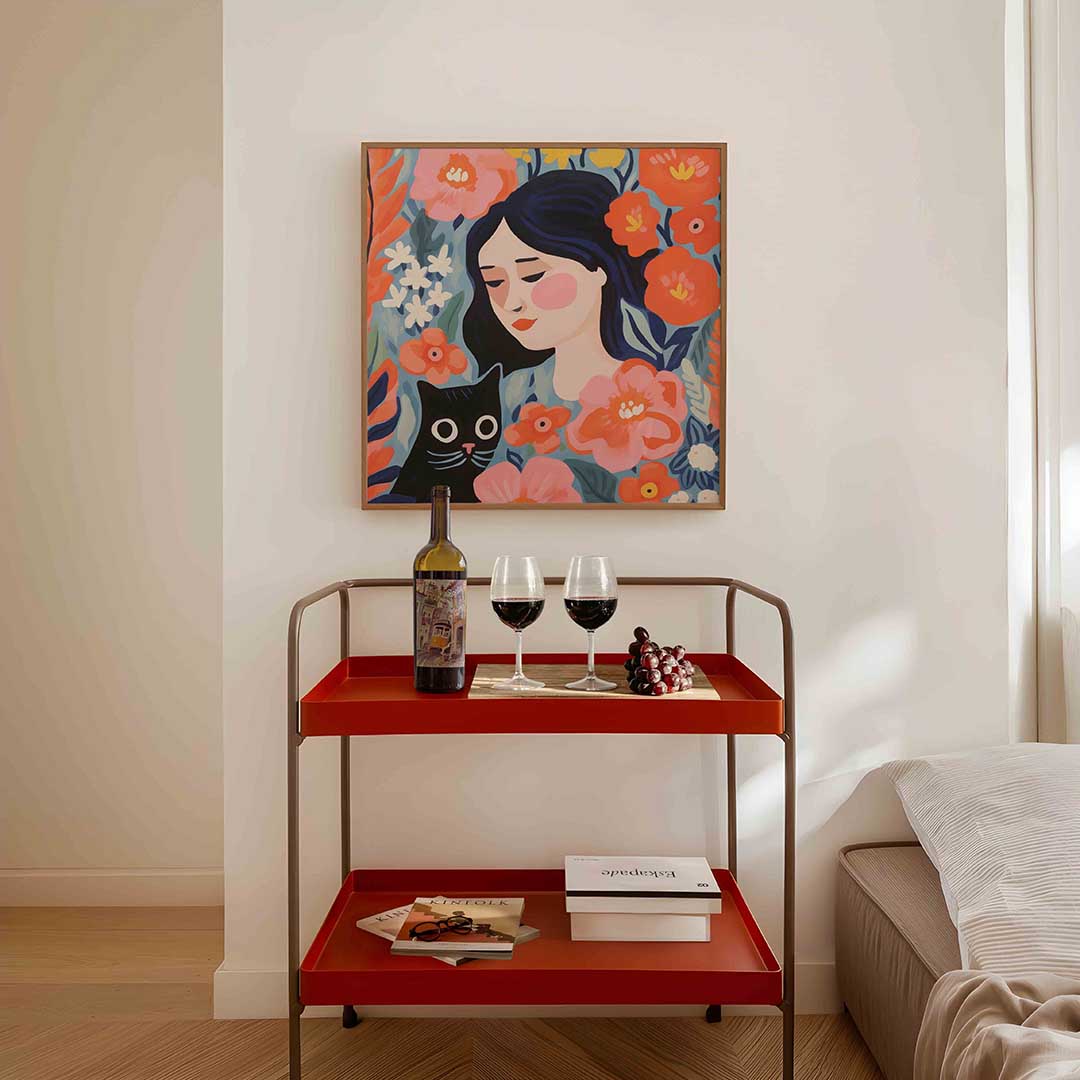 Vrouw en kat met bloemen Poster
