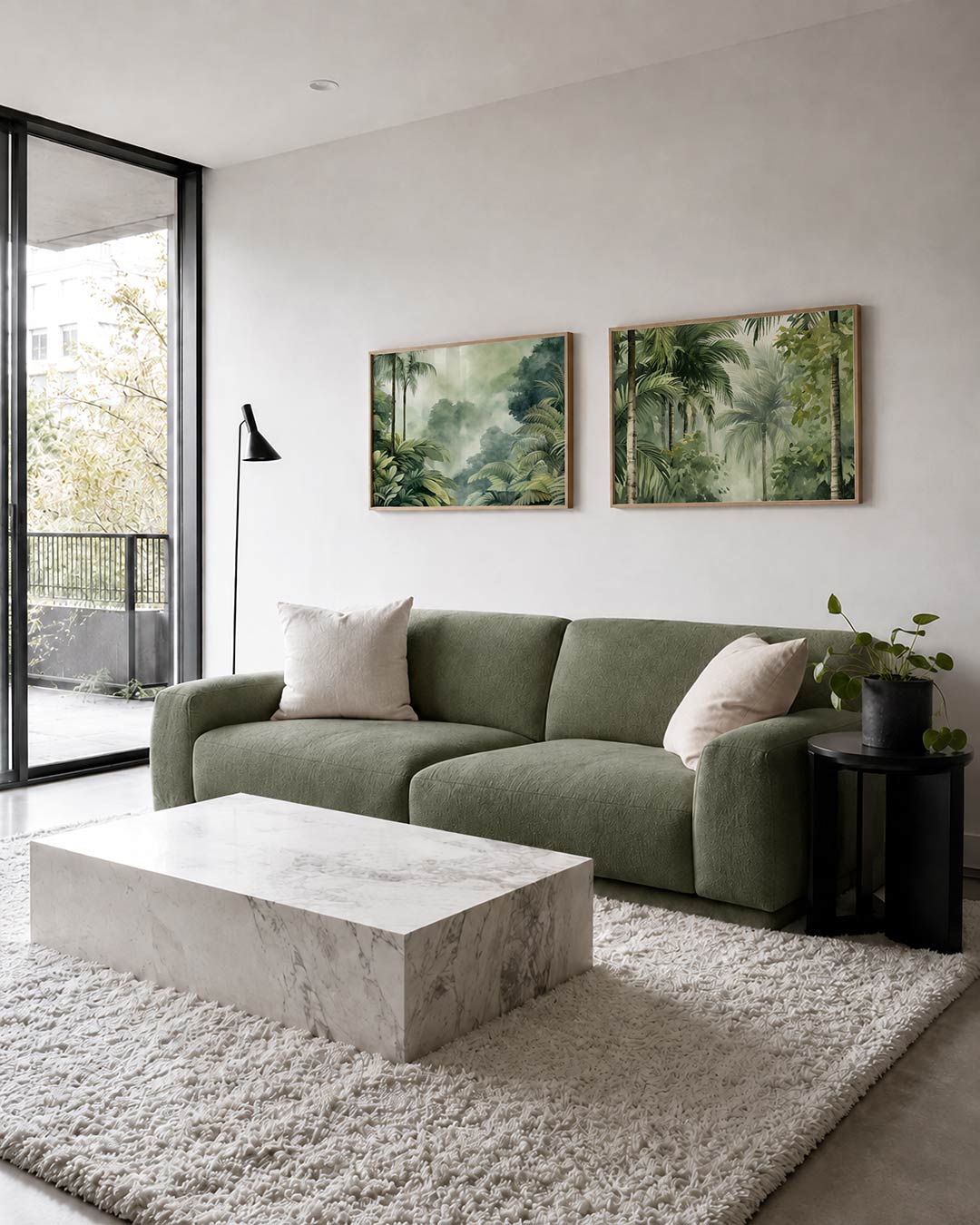 Twee liggende posters met weelderige groene bladeren en hoge palmbomen, aan de muur in een interieur