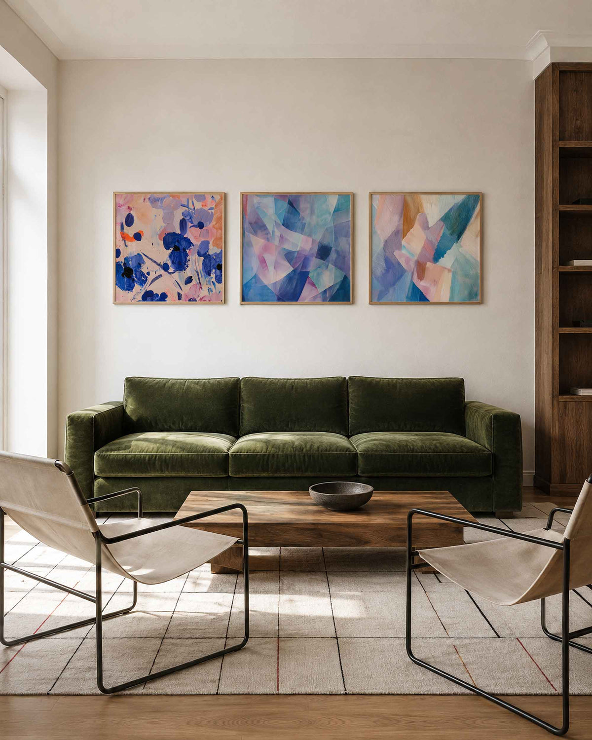 Interieurpresentatie van een driedelige vierkante posterset met abstracte kleurencompositie