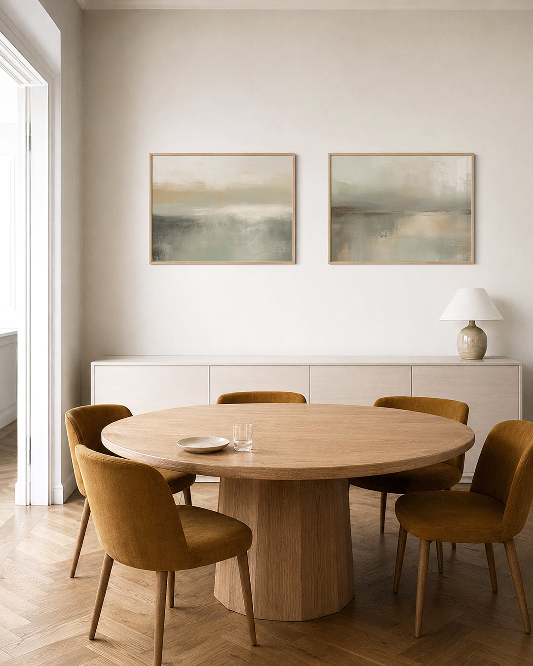 Tweedelige posterset met een fijne mengeling van zachte kleuren, getoond in een interieur