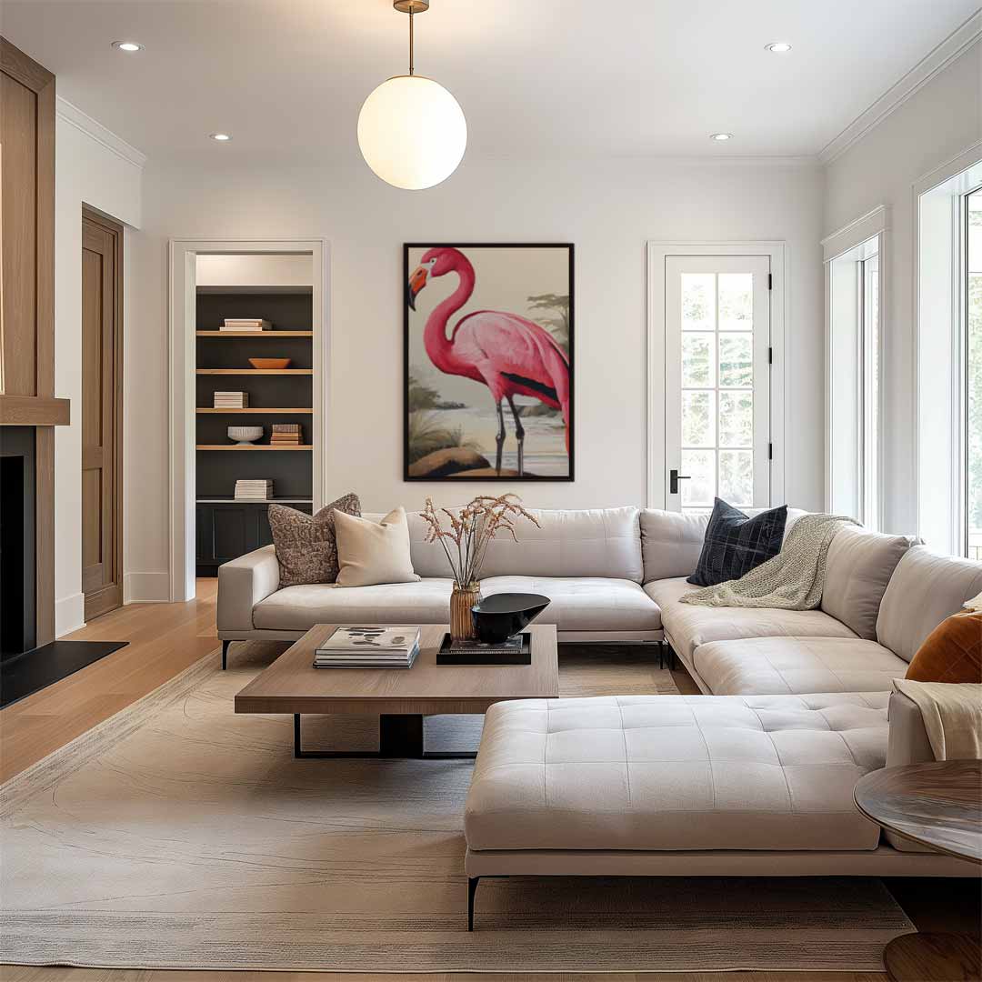 Elegante Flamingo bij Zonsondergang Kunstwerk-canvas-dibond-plexiglas-wanddecoratie-WallArtistic
