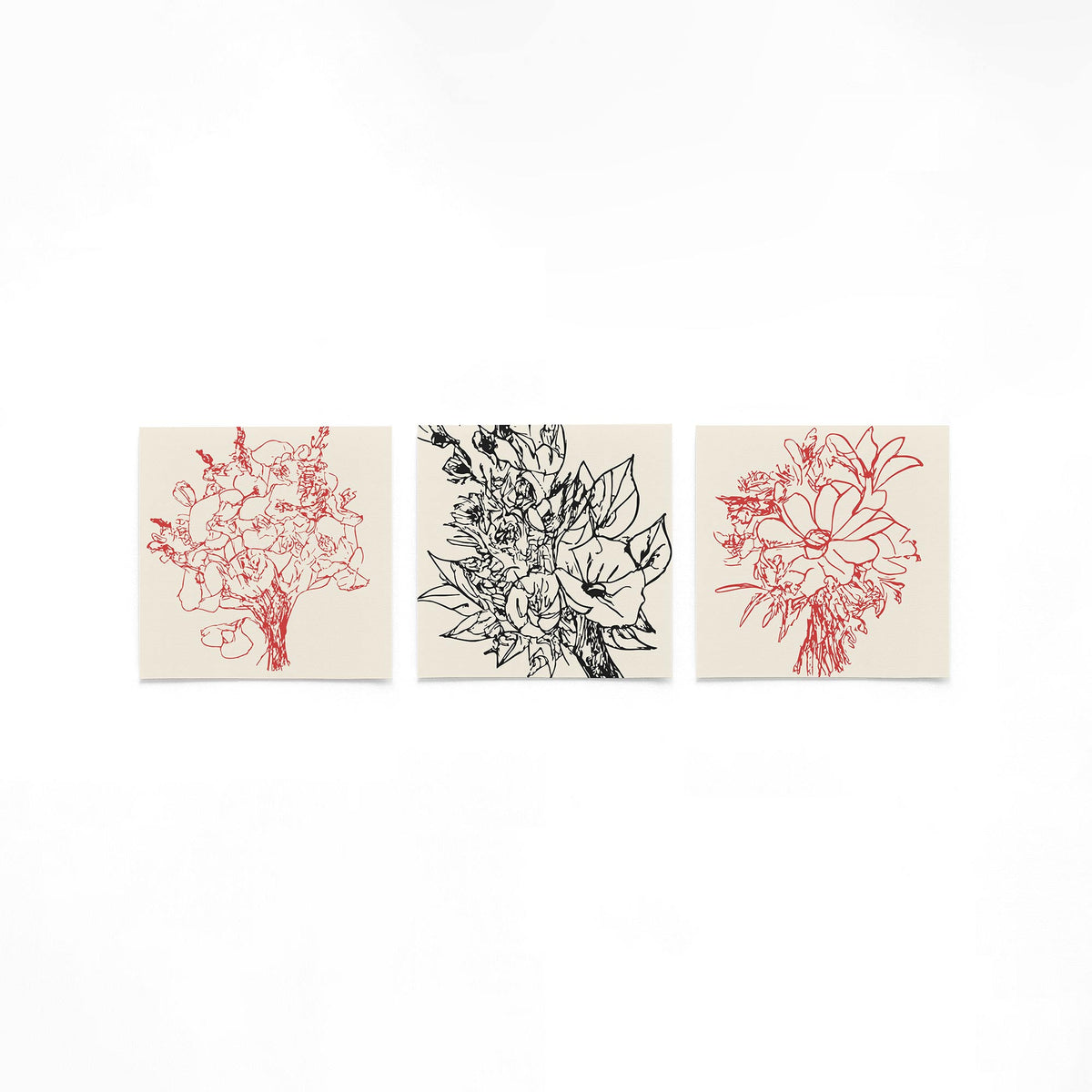 Drie vierkante posters met botanische bloemtekeningen op een gebroken witte achtergrond