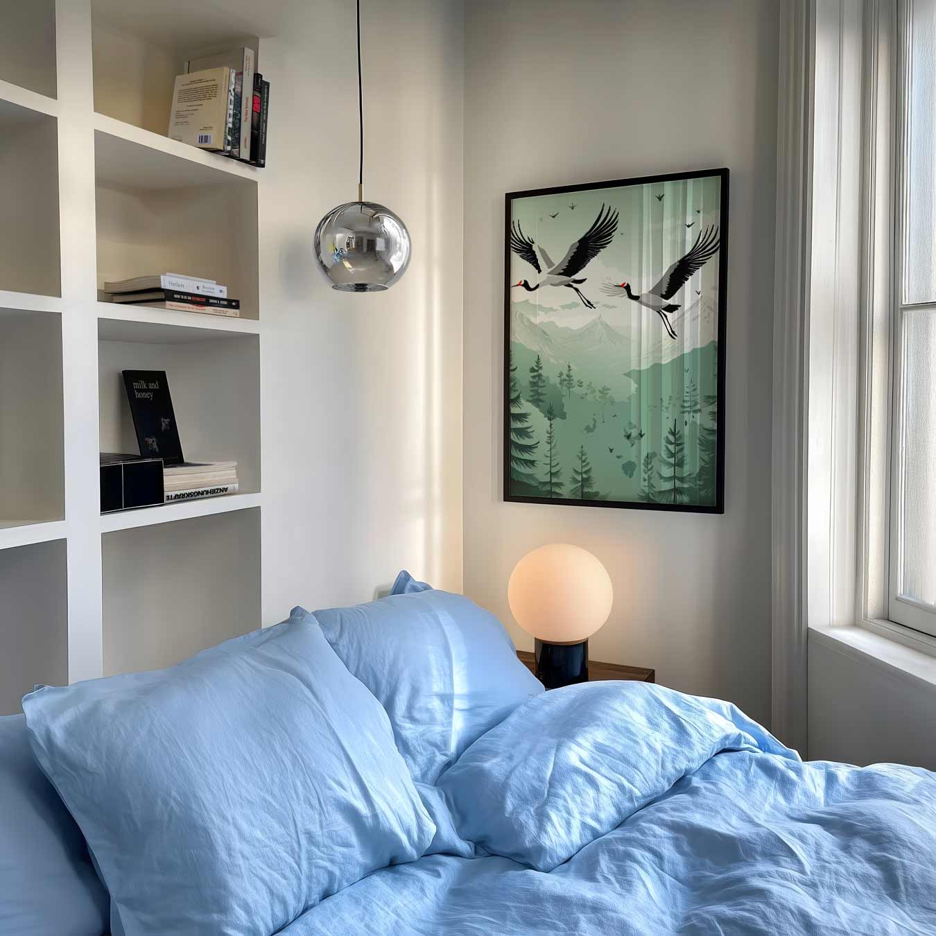 Zwevende Kraanvogels in Berglandschap Poster-WallArtistic