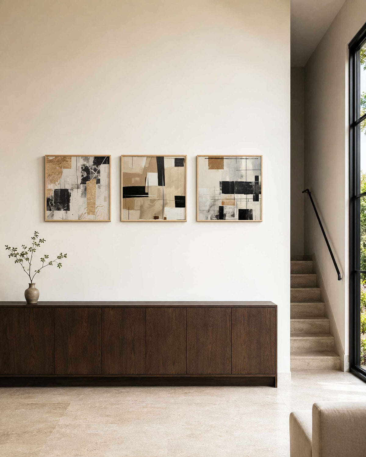 Interieurpresentatie van een driedelige vierkante posterset met abstracte zwart beige