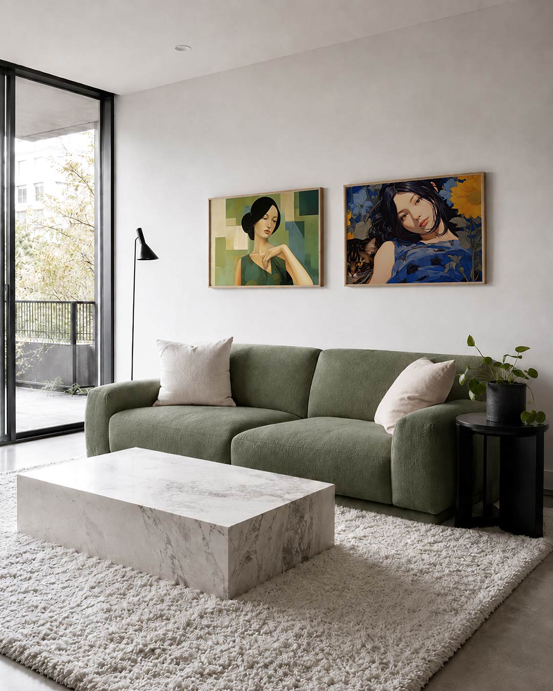 Tweedelige posterset met een vrouwelijk figuur met een serene blik, getoond in een interieur