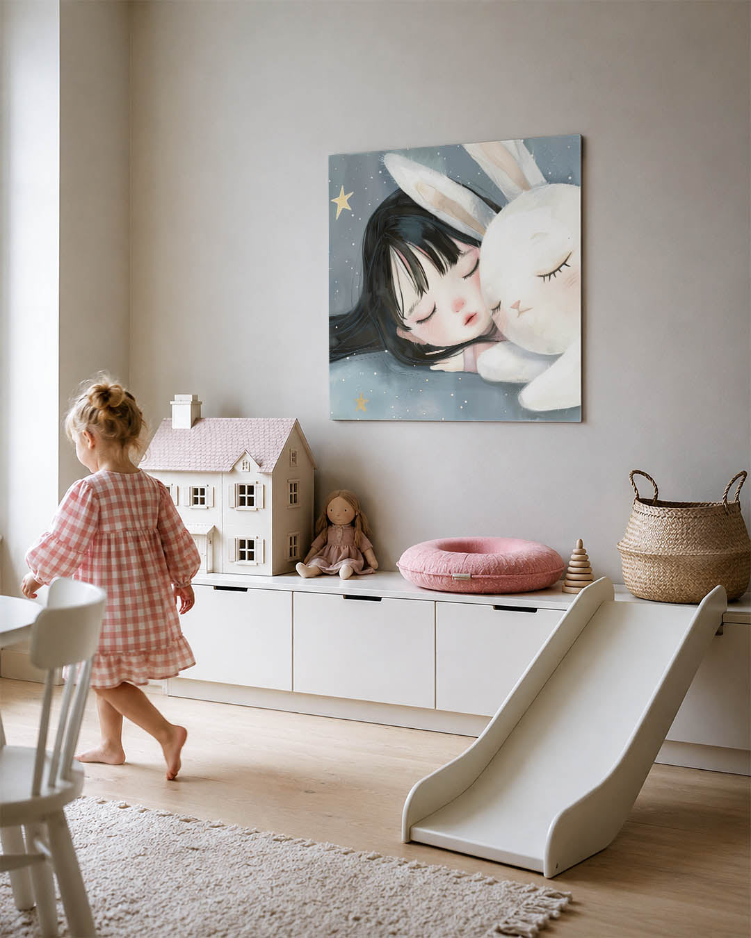 Dromerig kind en konijn Kunstwerk