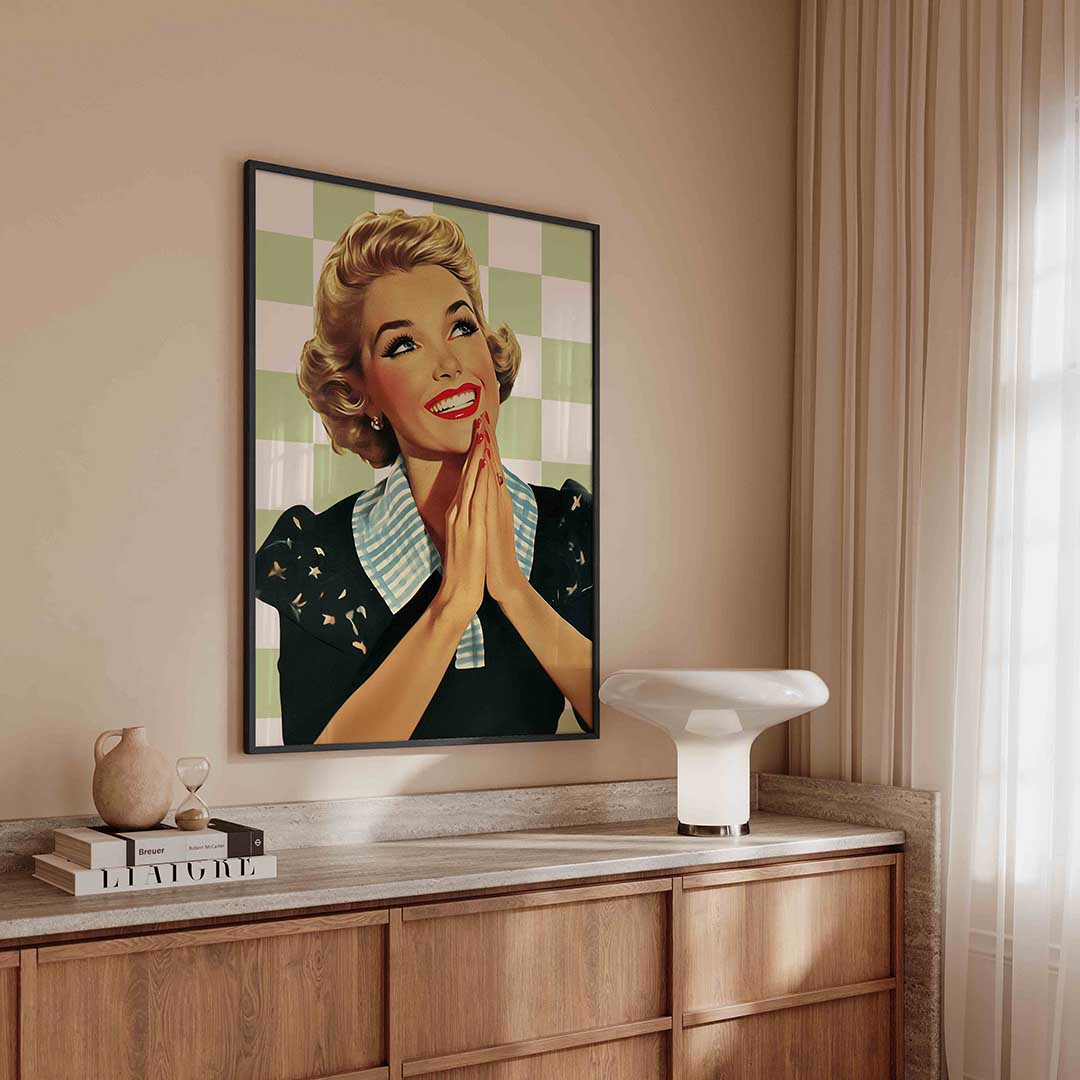 Vrouw met geblokte achtergrond Poster