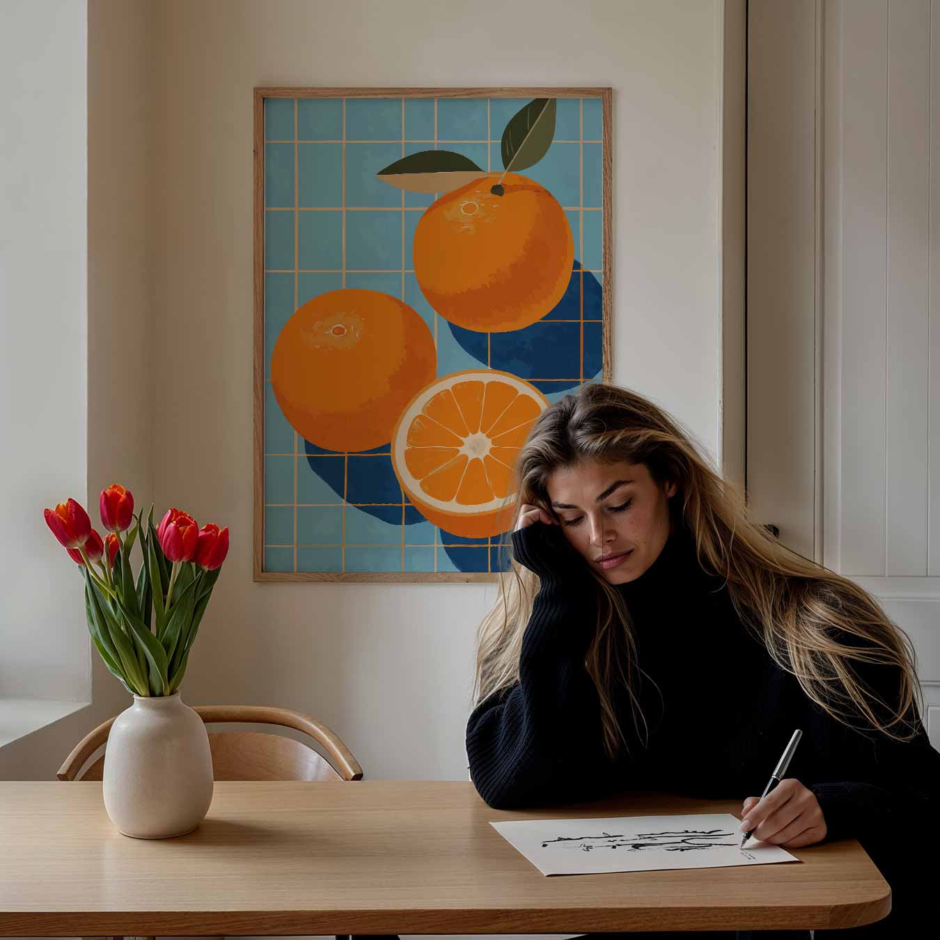 Zonnige Sinaasappels op Blauwe Tegels Poster-WallArtistic
