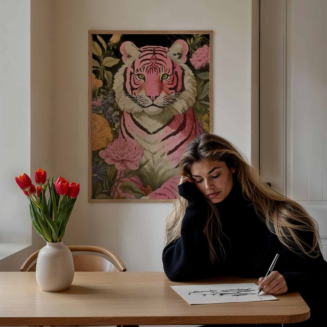 Roze Tijger met Bloemen Poster-WallArtistic