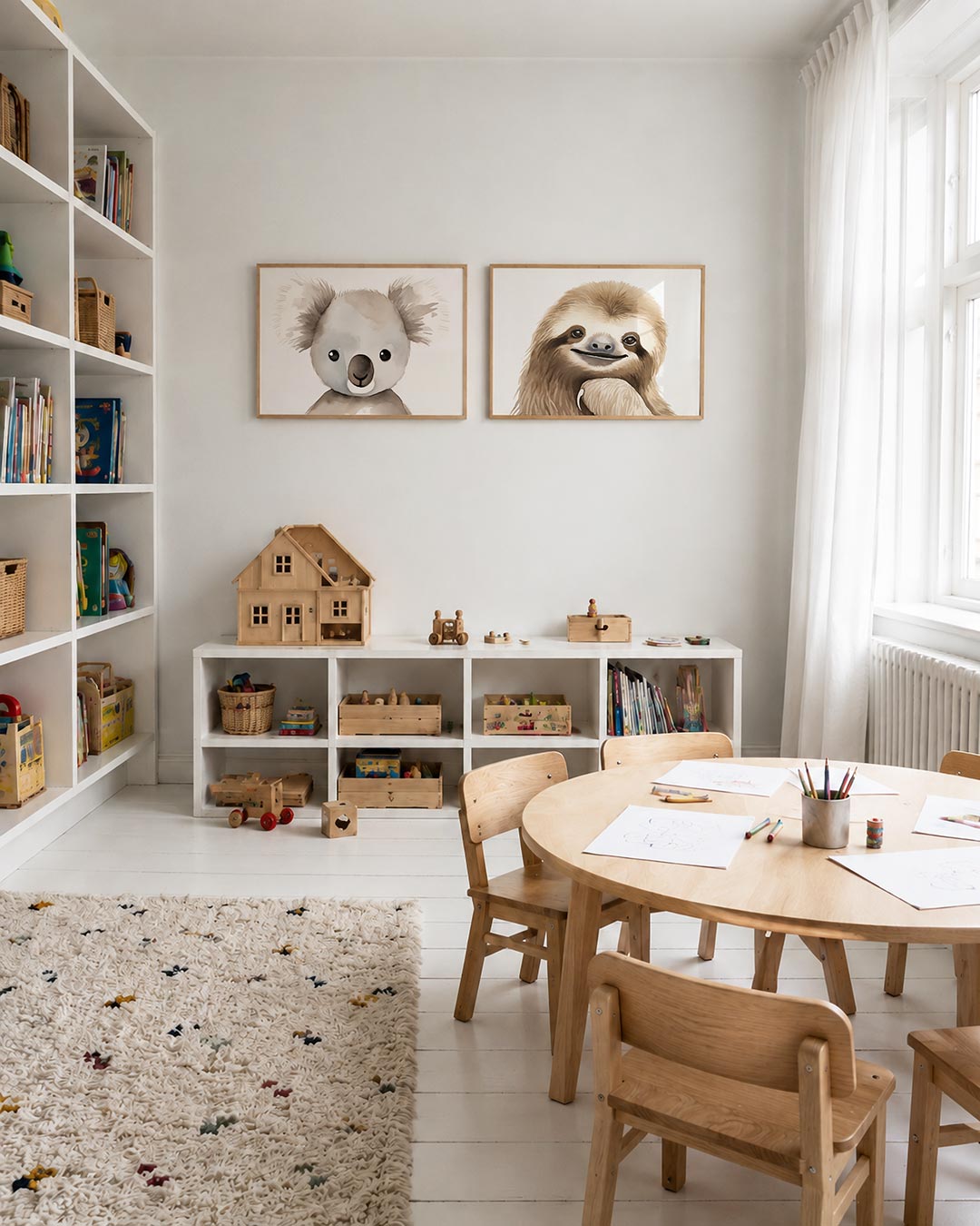 Twee liggende posters met een schattige koala met zachte, vloeiende lijnen en fijne grijstinten, aan de muur in een interieur