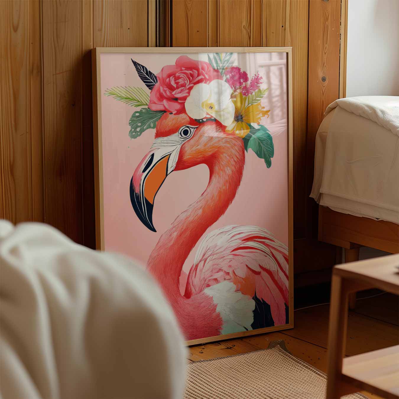 Tropische Flamingo met Bloemenkroon Poster-WallArtistic