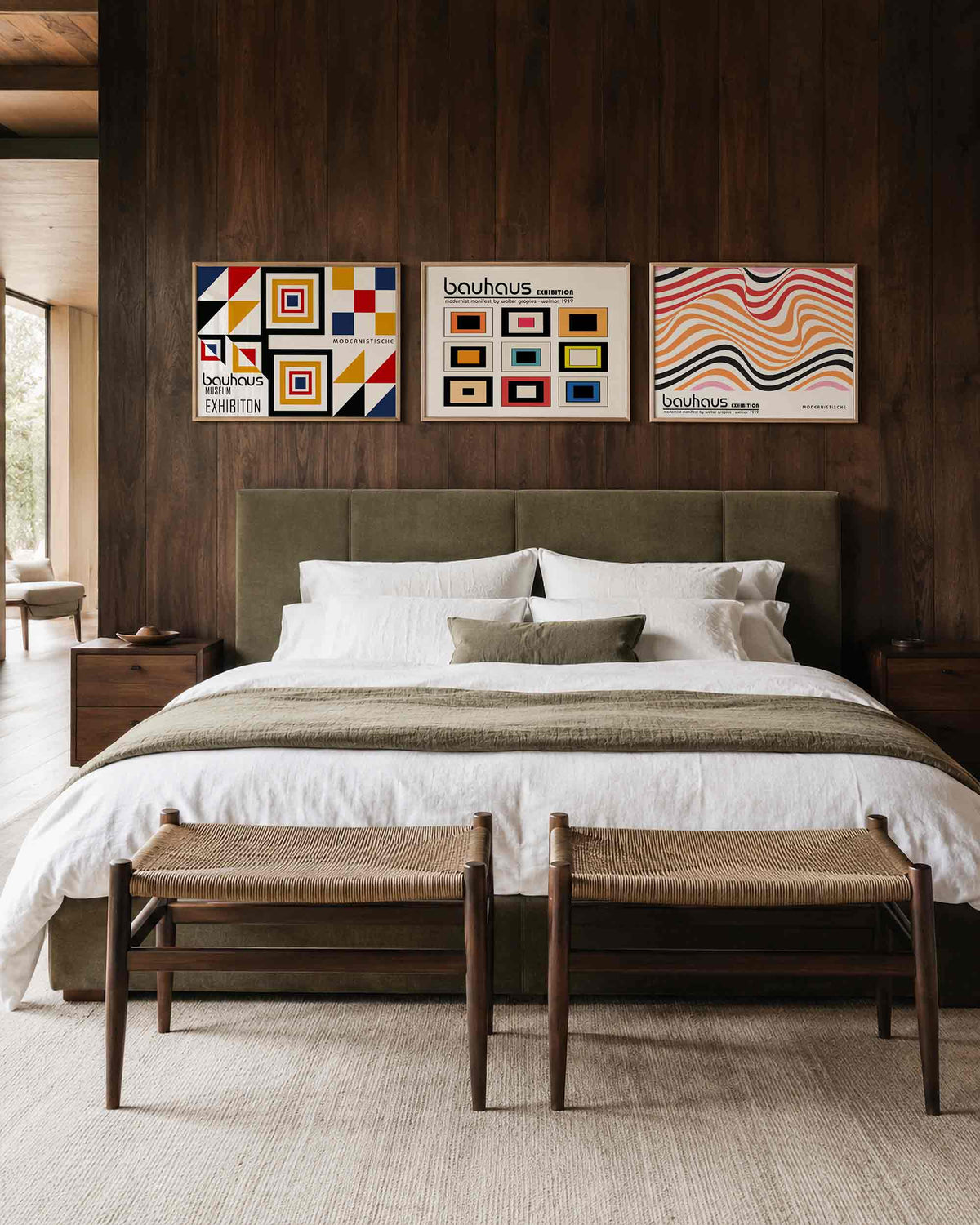 Interieurmockup van drieluik landscape-posterset met kleurvlakken en golfbanen