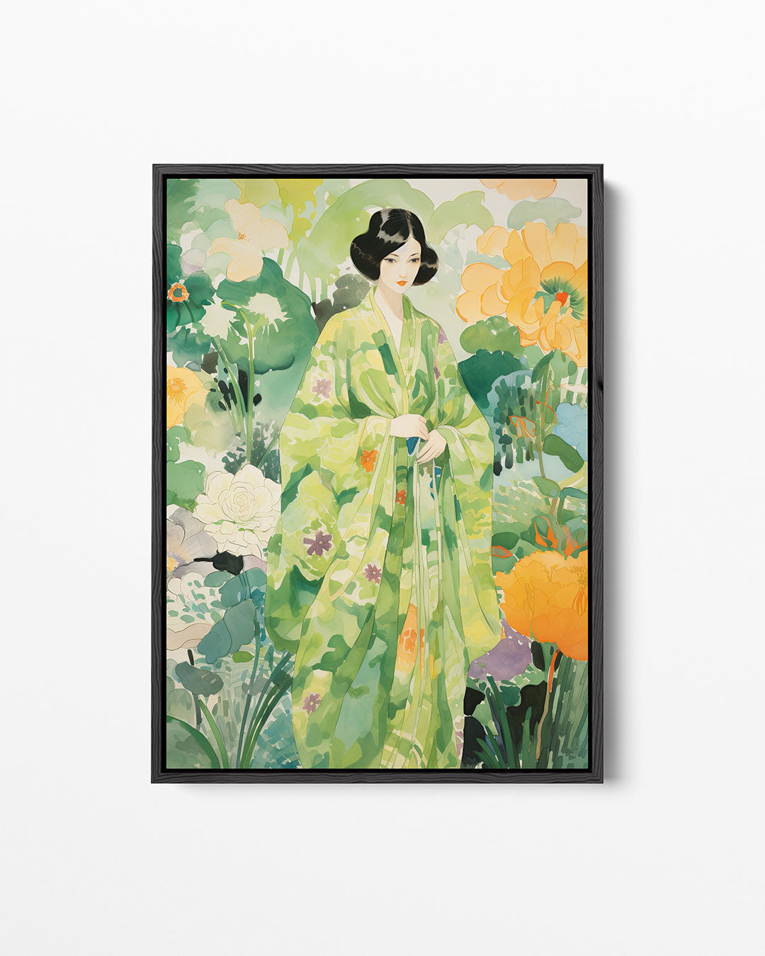 Vrouw in bloementuin Kunstwerk