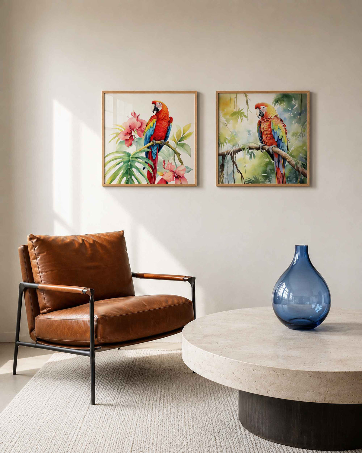 Interieurpresentatie van een tweedelige vierkante posterset met ara’s en tropische bloemen