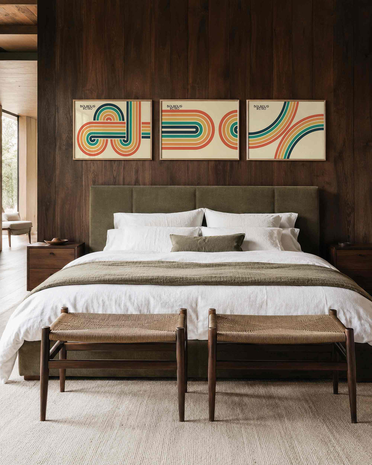 Interieurmockup van drieluik landscape-posterset met retrobochten in kleur