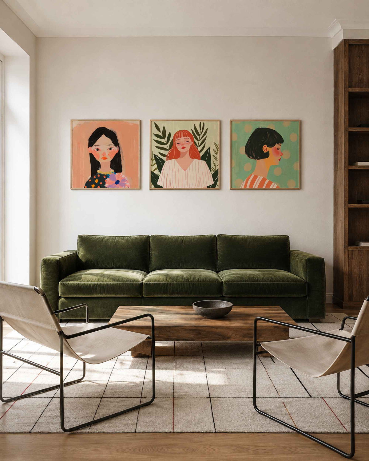 Interieurpresentatie van een driedelige vierkante posterset met vrouwelijke portretten