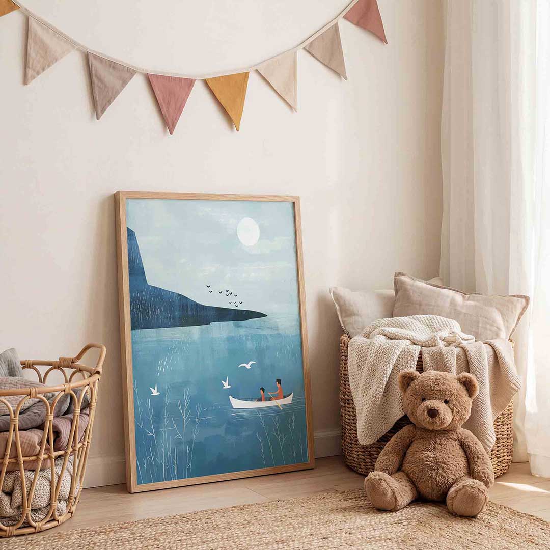 Roeiboot op blauwe zee Poster