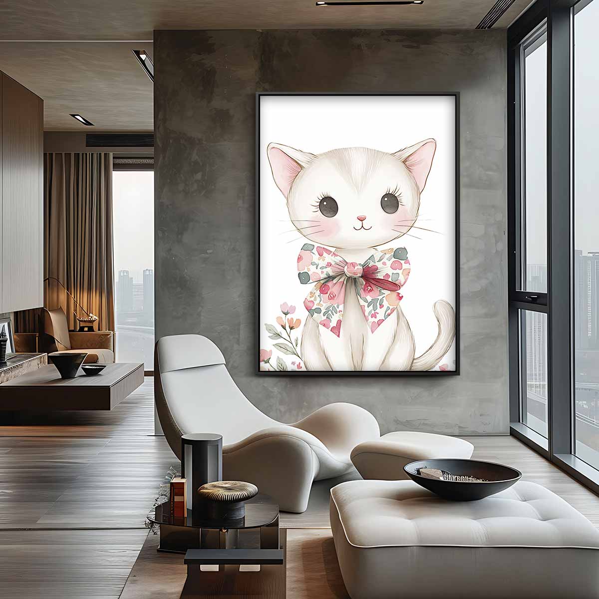 Schattige Kat met Bloemenstrik Kunstwerk-canvas-dibond-plexiglas-wanddecoratie-WallArtistic