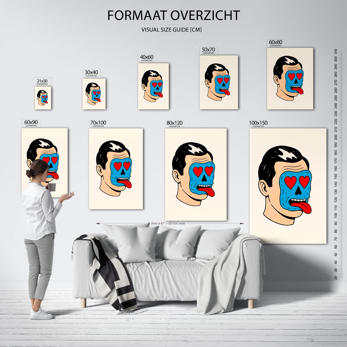 Blauw gezicht met rode harten Poster