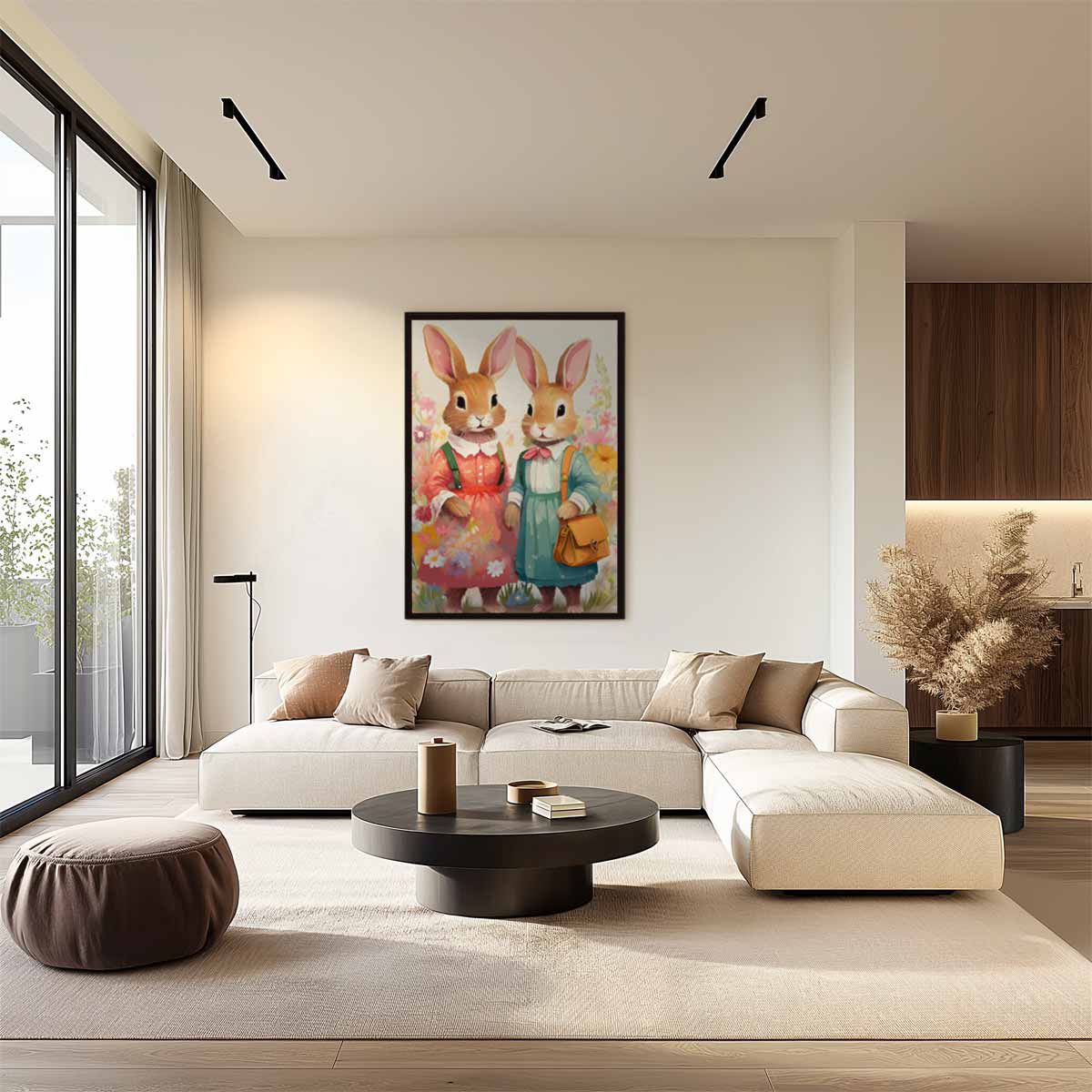 Konijnenvrienden in Bloemenweelde Kunstwerk-canvas-dibond-plexiglas-wanddecoratie-WallArtistic