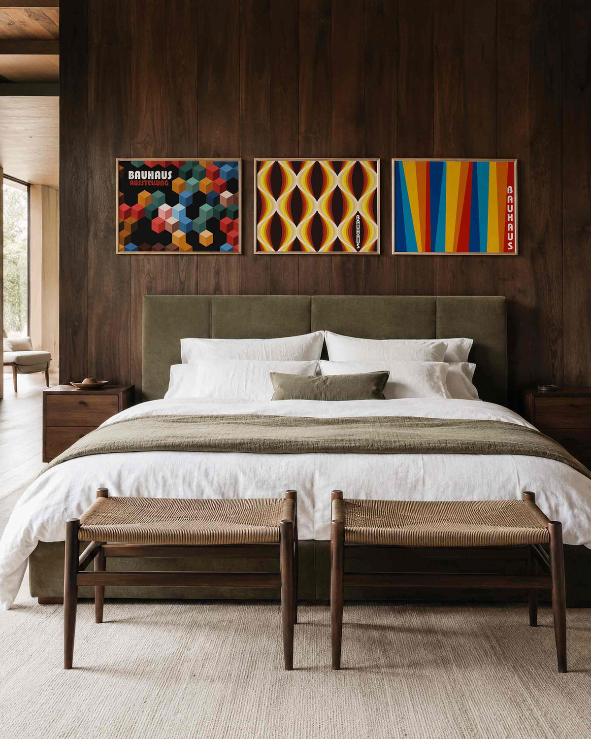 Interieurmockup van drieluik landscape-posterset met kubussen en kleurbanen