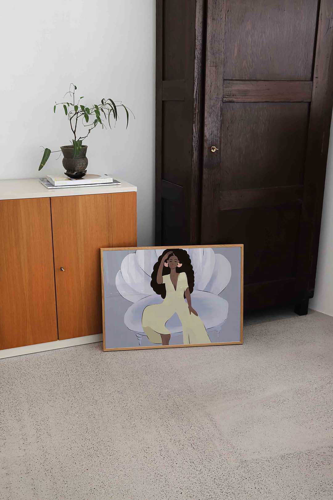 Vrouw op schelpstoel Poster