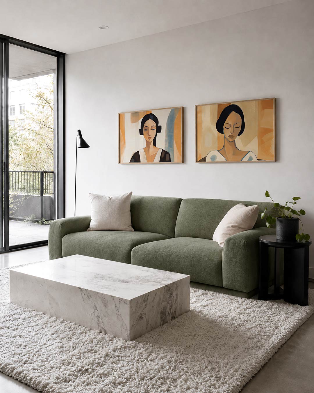 Twee liggende posters met een vrouwelijk figuur met donkere haren en een serene blik, aan de muur in een interieur