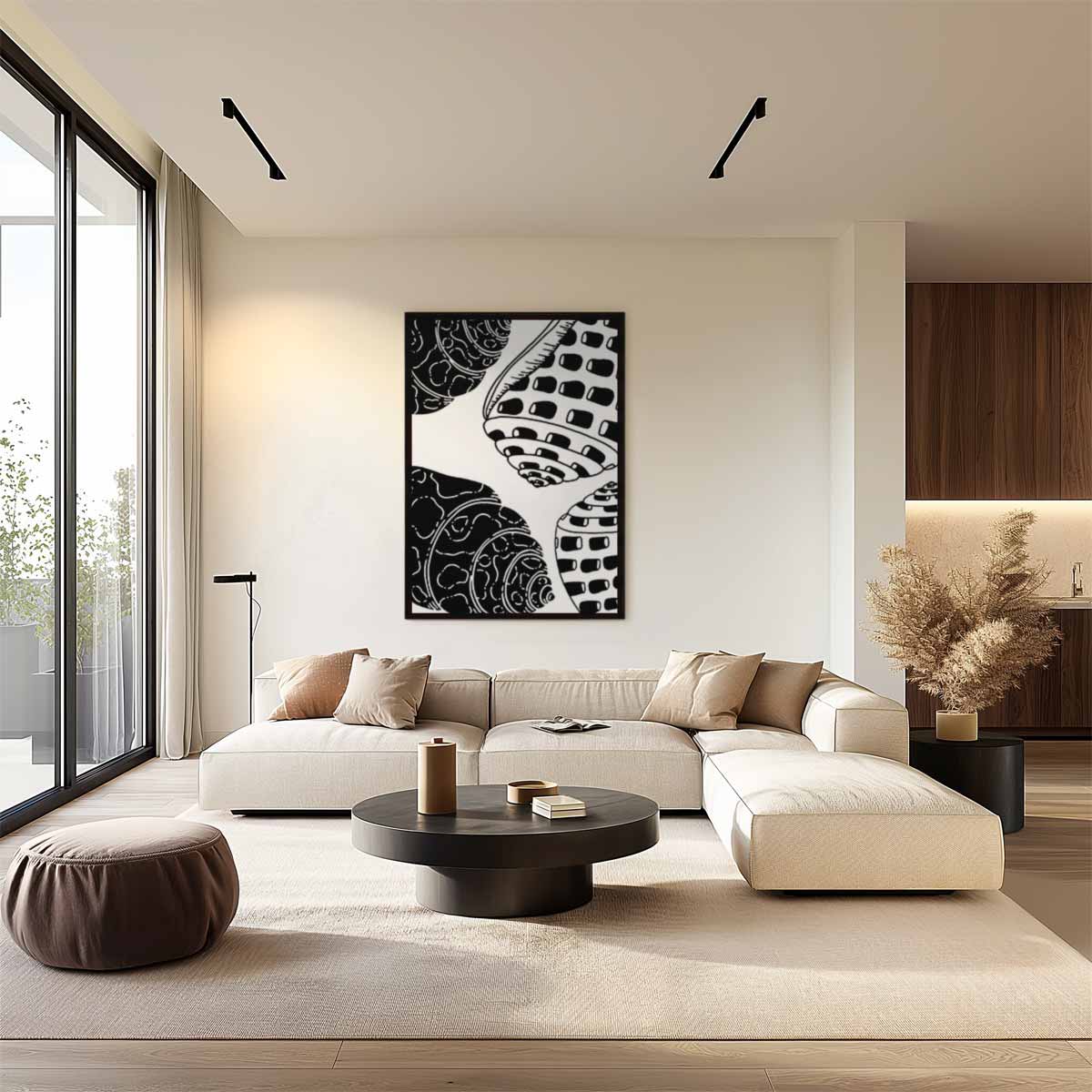 Schelpenpatroon in Zwart-Wit Kunstwerk-canvas-dibond-plexiglas-wanddecoratie-WallArtistic
