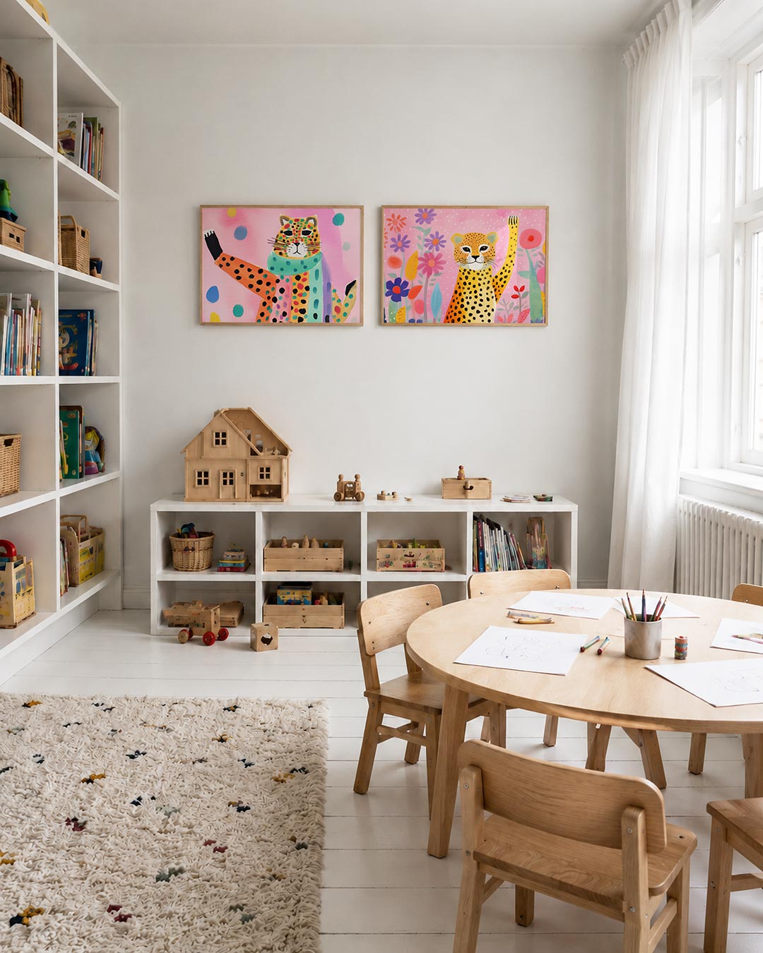 Twee liggende posters met een kleurrijke kat met stippen en strepen op een roze achtergrond, aan de muur in een interieur