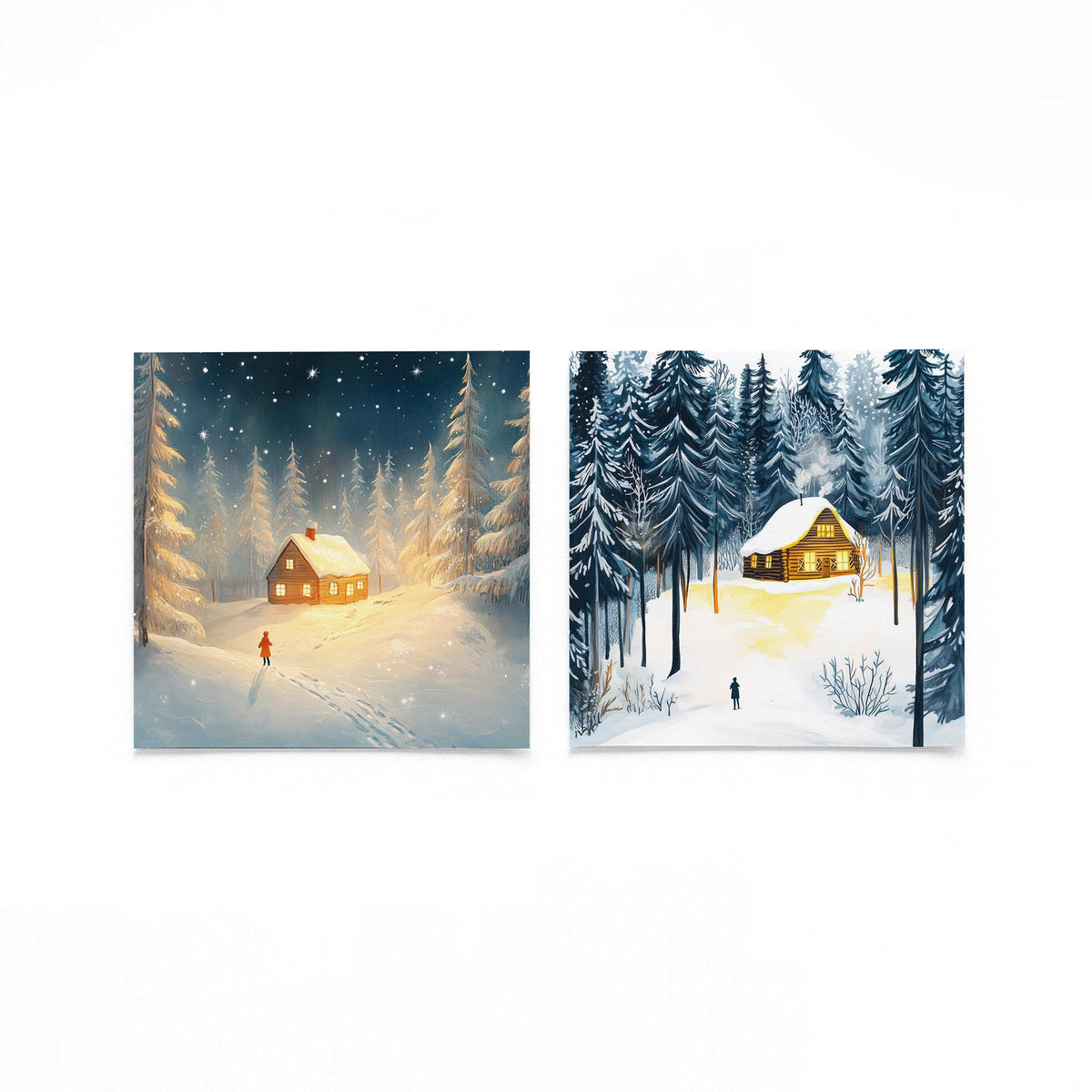 Twee vierkante posters met besneeuwde boshutten op een gebroken witte achtergrond