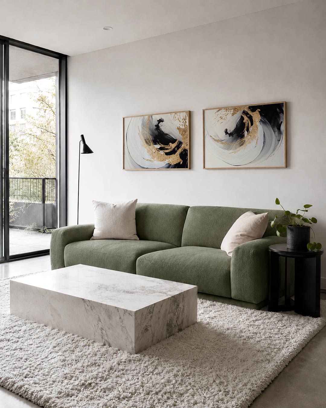 Tweedelige posterset met zwarte en witte penseelstreken met gouden accenten, getoond in een interieur