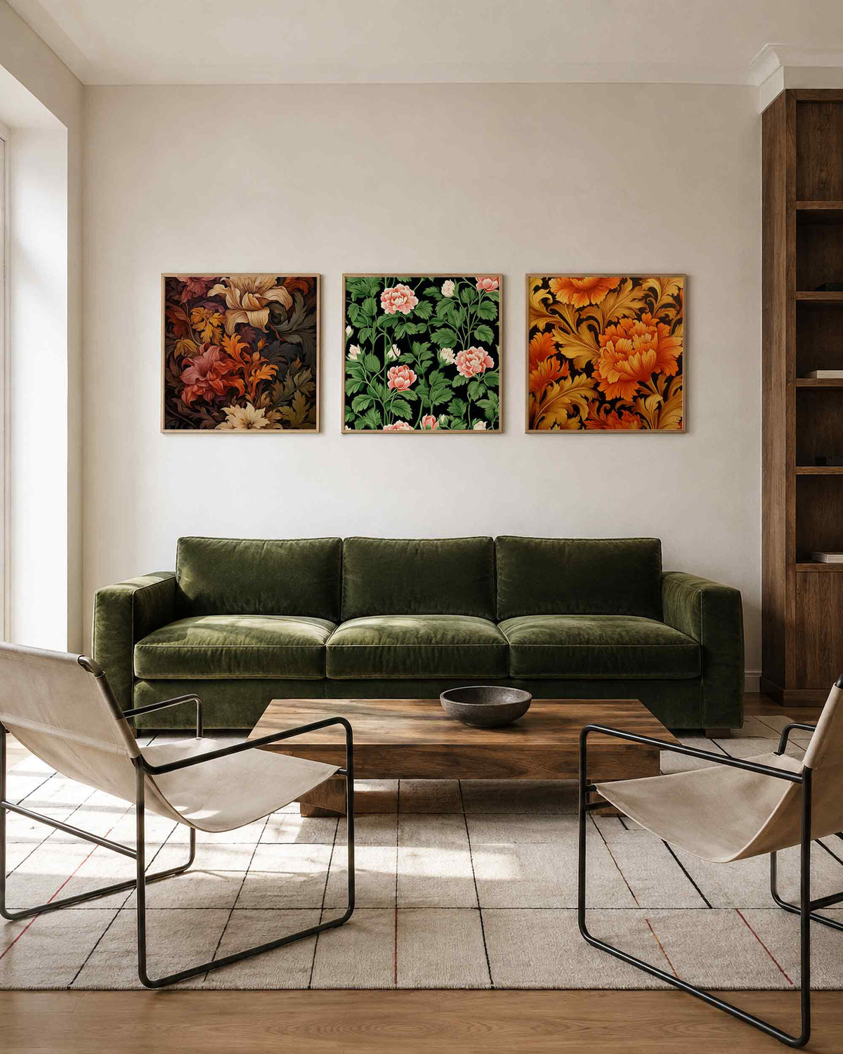 Interieurpresentatie van een driedelige vierkante posterset met kleurrijke bloemen