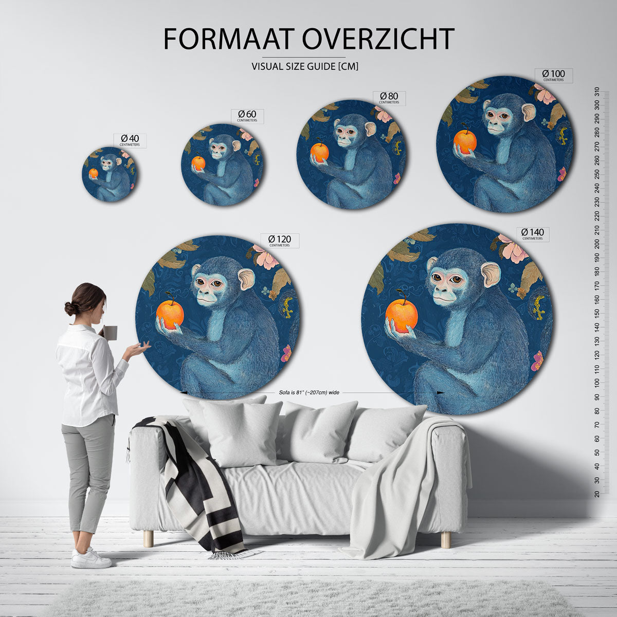 Blauwe aap met sinaasappel Muurcirkel