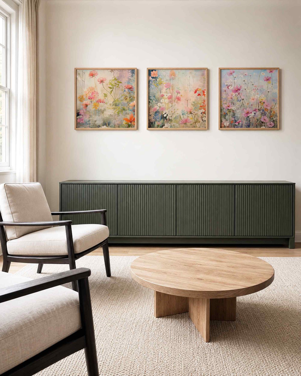Interieurpresentatie van een driedelige vierkante posterset met pastelkleurige bloemen
